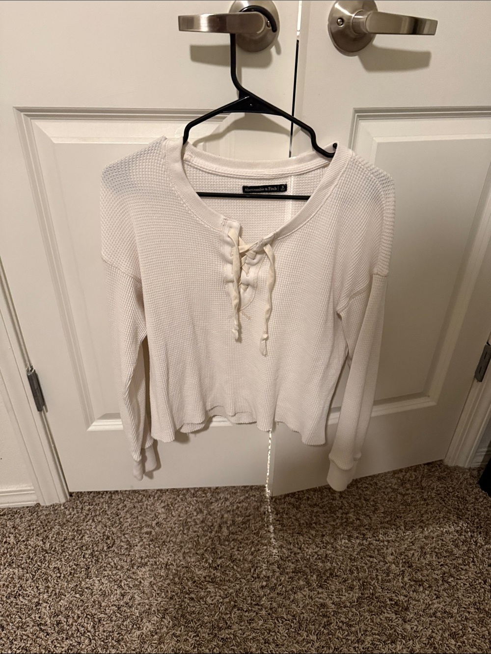 Abercrombie & Fitch Cream Waffle-Knit Lace-Up Long Sleeve Top